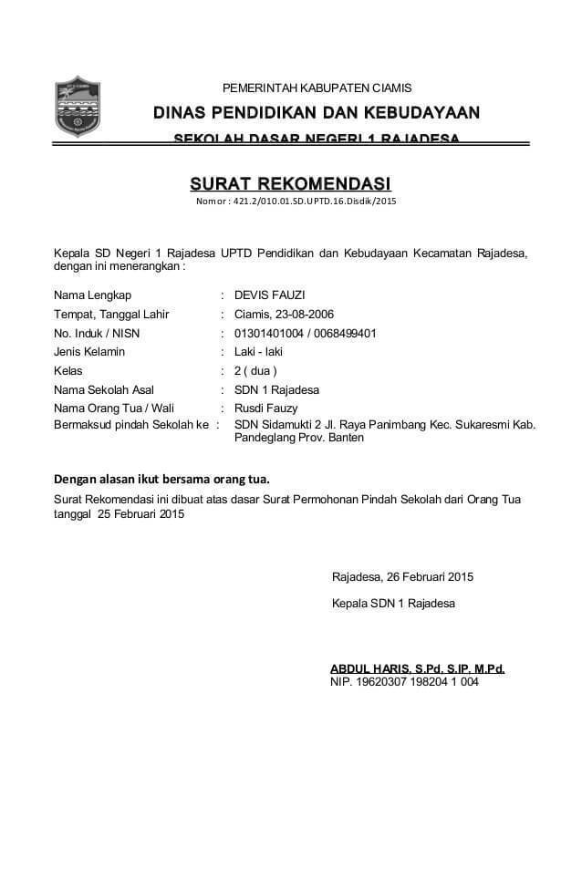 Contoh Surat Rekomendasi Pindah Sekolah