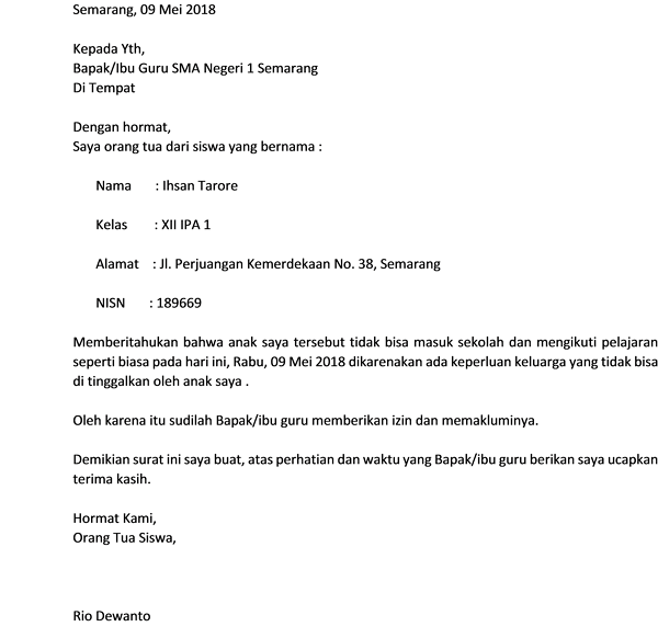 Surat Izin Tidak Masuk Sekolah Dengan Alasan Keperluan Keluarga