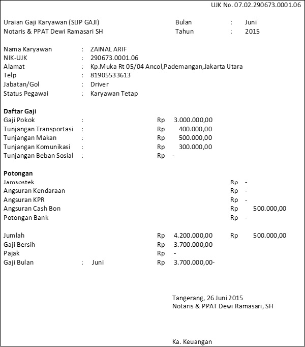 Contoh Slip Gaji Karyawan Notaris