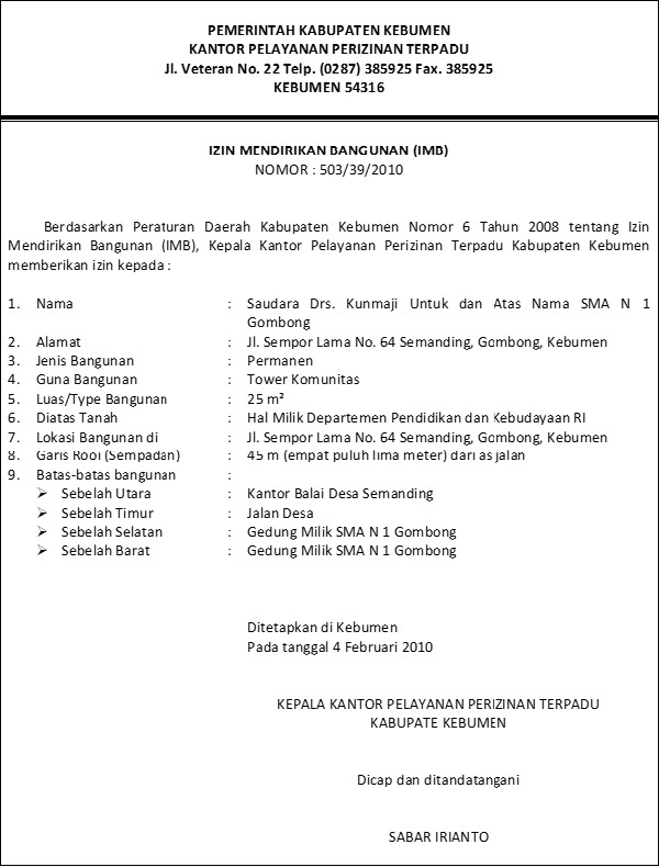 Contoh Surat Izin Mendirikan Bangunan