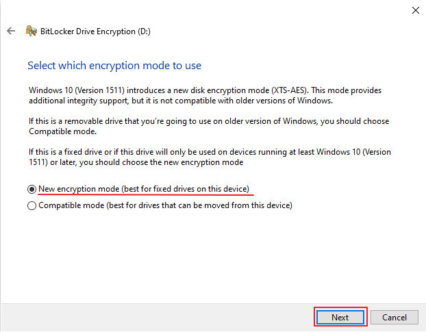 pilih New encryption mode
