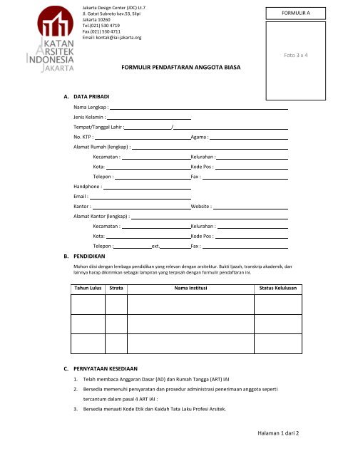 Contoh Formulir Pendaftaran Anggota Biasa