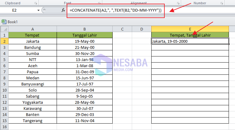 Cara Menggabungkan Tempat dan Tanggal Lahir di Excel