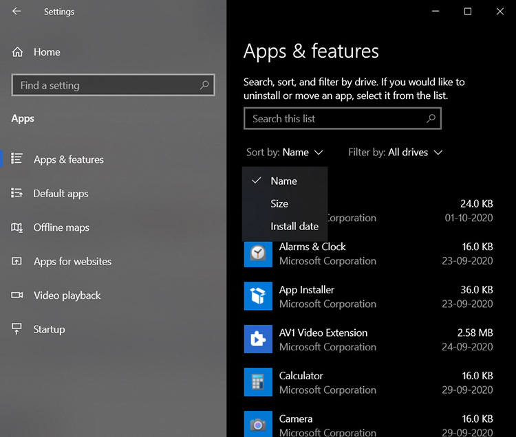Tampilan Apps and Feature Windows 10
