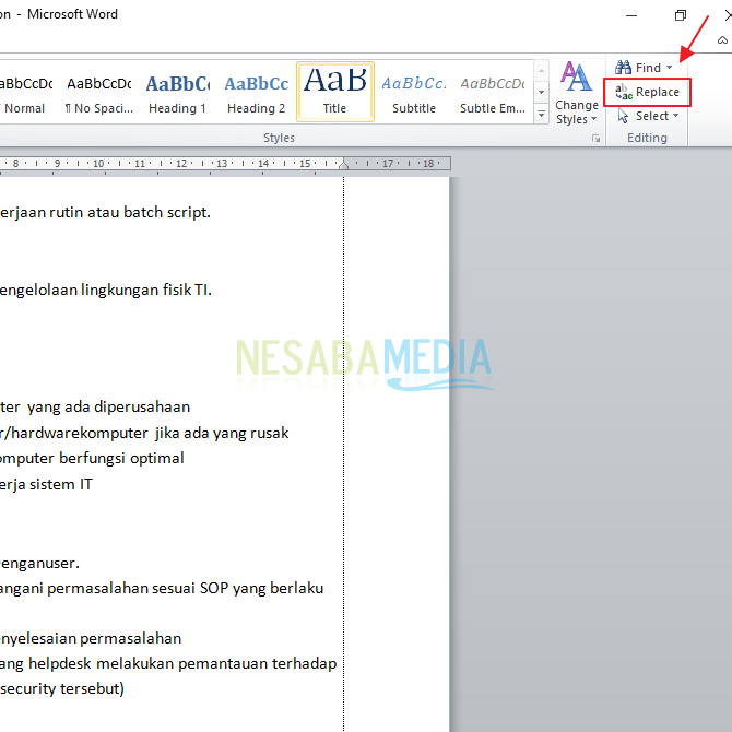 cara mengganti kata di Word 2010