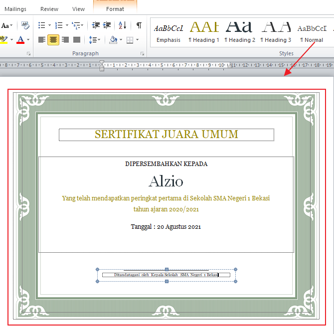 sertifikat di word