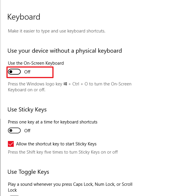 aktifkan tombol Use the On-Screen Keyboard