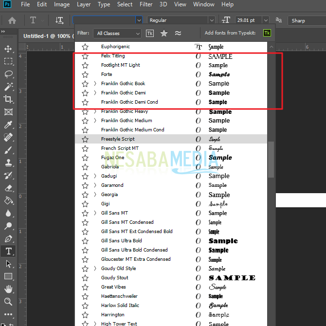 memperlihatkan font tersebut