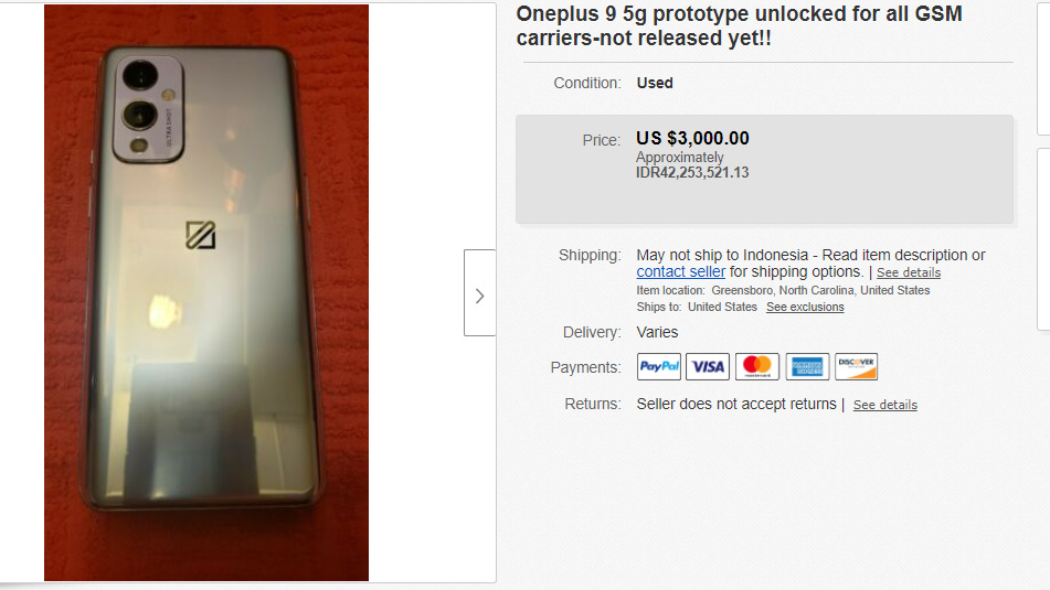 Listing eBay Prototipe OnePlus 9