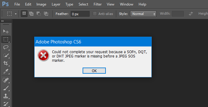 Отсутствует маркер sofn dqt или dht. Некорректный jpeg маркер в фотошопе. Error для фотошопа. Could not complete your request because a Sofn, DQT, or DHT jpeg Marker is missing before a jpeg SOS Marker.. Ошибка фотошоп.