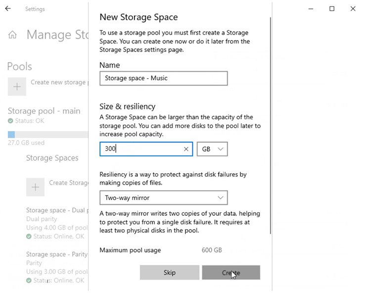 Modern Storage Space Windows 10
