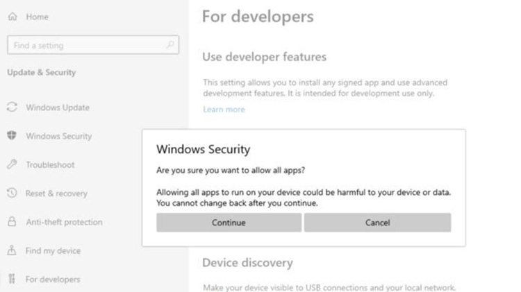 Tampilan Konfirmasi Pengaktifan Fitur Windows 10X