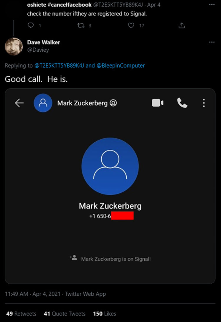 Nomor Telepon Mark Zuckerberg Terdaftar Signal
