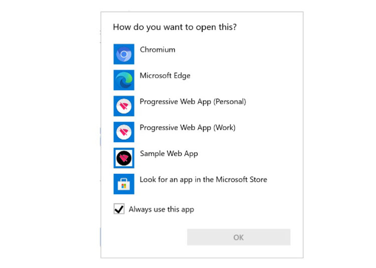 Tampilan Open With Aplikasi Web di Windows 10