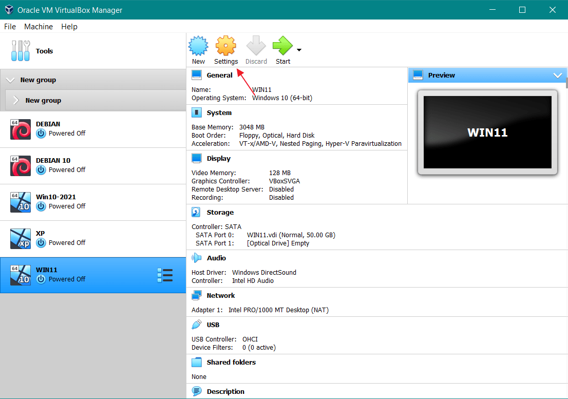menu Settings VirtualBox