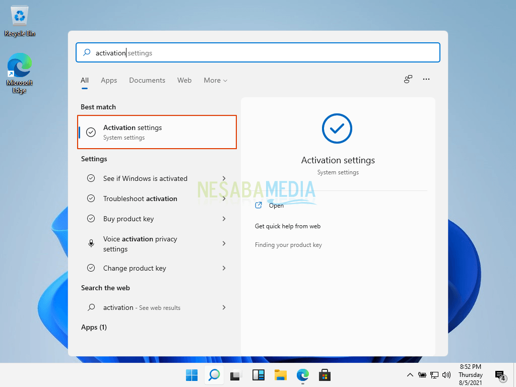 pilih Activation settings