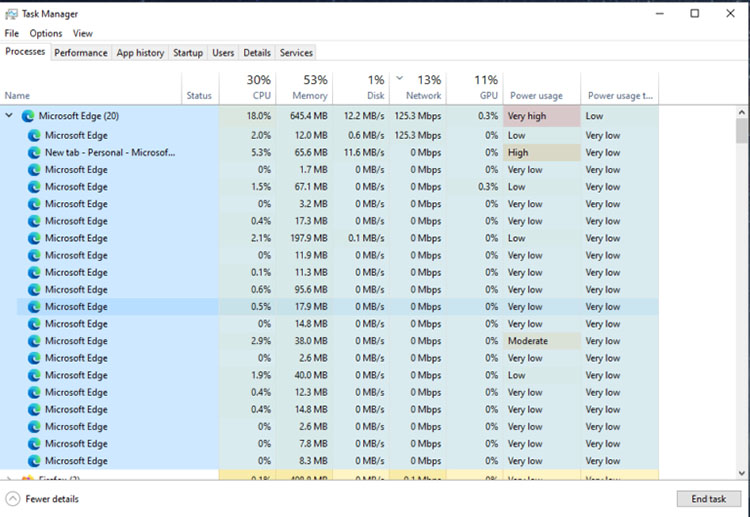 Browser Edge di Task Manager Windows 10