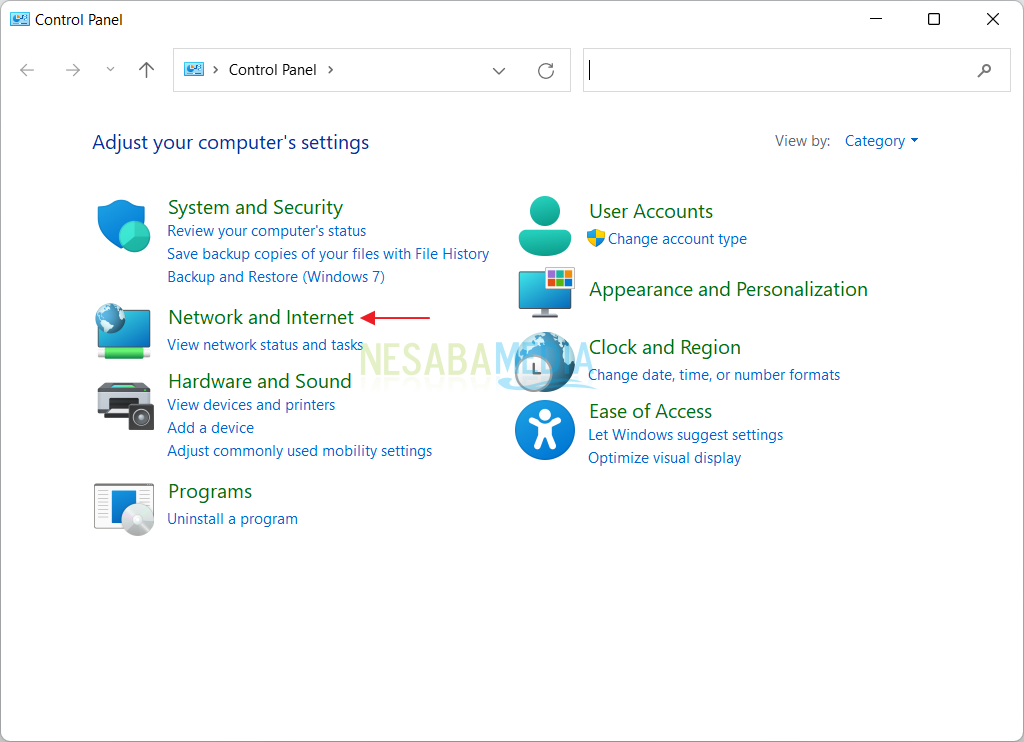 masuk ke Control Panel lalu pilih Network and Internet