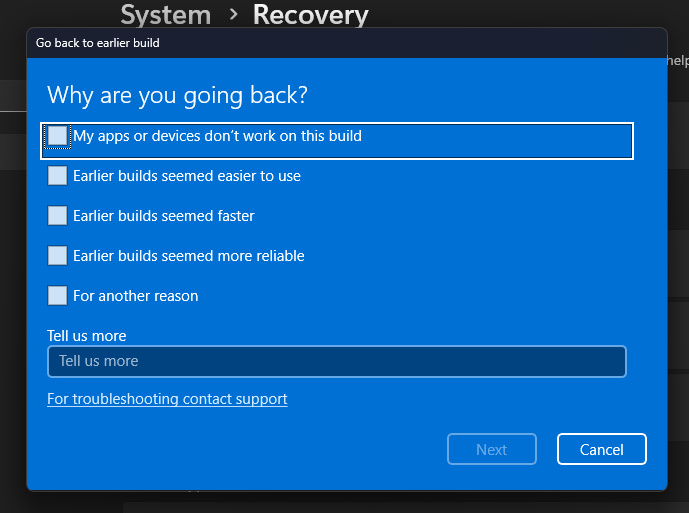 Windows Rollback Dialog