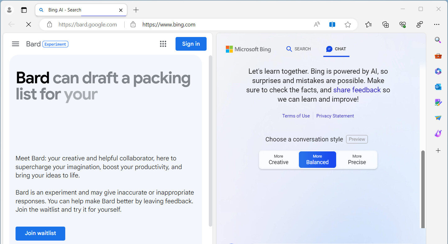Microsoft Tawarkan Bing Ketika Akses Bard di Microsoft Edge
