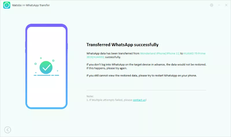 Transfer data WhatsApp via WatsGo sukses