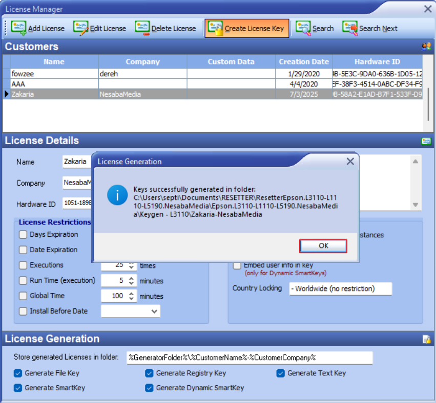 License key sudah berhasil dibuat