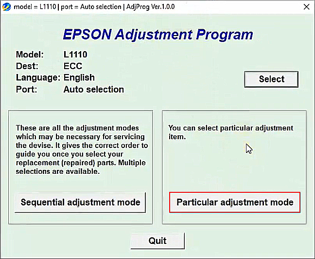 Particular adjustment mode Epson L1110