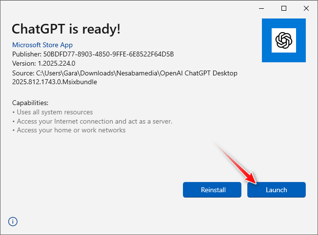 langkah 4 - jalankan OpenAI ChatGPT Desktop