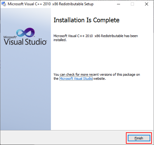 Microsoft Visual C++ 2010 x86 selesai diinstal